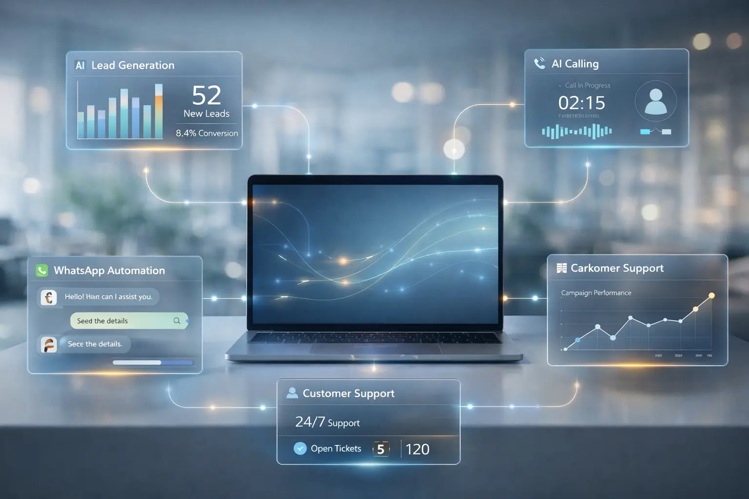 AI business automation platform dashboard with AI calling, WhatsApp automation and lead generation tools