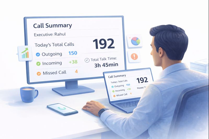 Call reporting dashboard showing daily calls, connected ratio, outcomes and team performance